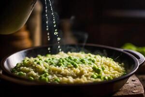 cooking pea risotto in the countryside house kitchen, homemade comfort food for dinner in vintage rustic country style, generative ai photo