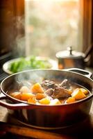 Roast beef and potatoes cooking in a pan in the country cottage kitchen. Generative AI photo