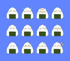 Set of onigiri characters with different facial expressions and emotions. vector