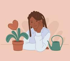 negro niña se sienta a un mesa con un planta de casa en un maceta y un riego poder. yo amor concepto. vector