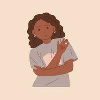 Black young girl hugs herself and smiles. Care, humanity, self help and peace concept. vector