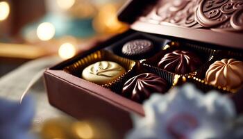 Chocolates and chocolate pralines in a gift box as a luxury holiday present, photo