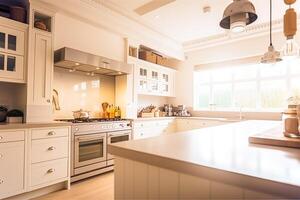 white modern countryside house frame-in kitchen in the English country style, interior design and architecture, photo