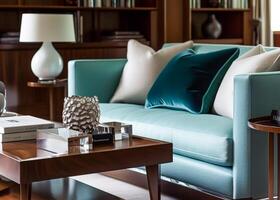 Modern luxury interior with turquiose decor details, velvet cushion on a sofa. photo