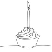 Cupcake with candle isolated on white background. One line continuous happy birthday concept art. Line art, outline, vector illustraiton.