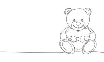 Toy bear with heart isolated on white background. One line continuous toy art. Line art, outline, vector illustraiton.