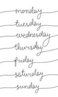 Collection of names of days. Day of week handwriting calligraphy line art. One line continuous vector illustration. Sunday Monday Tuesday Wednesday Thursday Friday Saturday