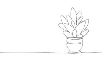 Home plant in pot. One line continuous. Outline, line art vector illustration.