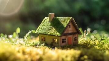 verde y ambientalmente simpático alojamiento concepto, miniatura de madera casa en primavera césped, eco concepto, generativo ai tecnología foto