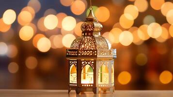 Ornamental Arabic lantern at night. Festive greeting card, invitation for Muslim holy month Ramadan Kareem, eid al adha, created using Technology photo