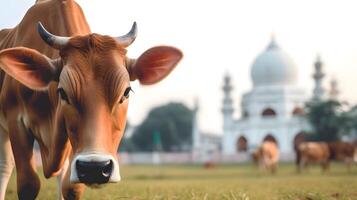 A cow with mosque background created using Technology photo