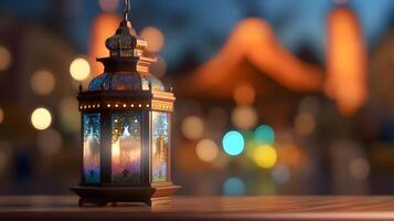 Ornamental Arabic lantern at night. Festive greeting card, invitation for Muslim holy month Ramadan Kareem, eid al adha, created using Generative AI Technology photo