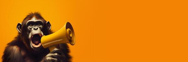 A monkey holding a megaphone with it hand on yellow background, Attention, advertising and management, concept, Technology photo