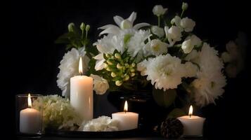 Burning candle and flower on dark background, created using Technology photo