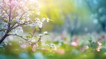 borroso primavera antecedentes naturaleza con floreciente claro, generativo ai tecnología foto