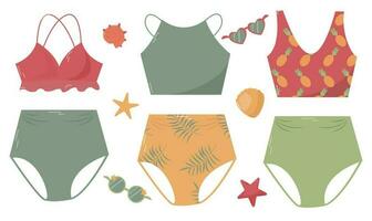 vector conjunto con bonito color verano trajes de baño con Gafas de sol, estrellas de mar y conchas