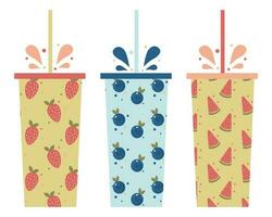 vector set with funny summer drinks with strawberry, blueberry and watermelon taste