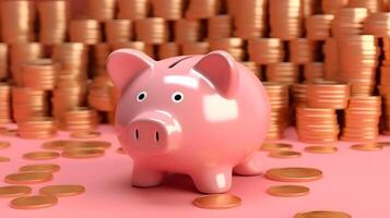 Pink piggy bank money box with gold coins, created using Technology photo