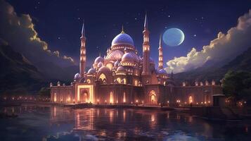 Amazing mosque image night sky with stars, Technology photo