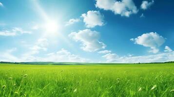 azul cielo y nube con prado, llanura paisaje antecedentes para verano póster, generativo ai tecnología foto