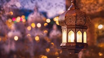 Ornamental Arabic lantern at night. Festive greeting card, invitation for Muslim holy month Ramadan Kareem, eid al adha, created using Technology photo