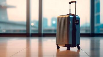 Suitcase with blurred background. Business travel concept, Technology photo