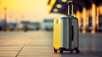 Suitcase with blurred background. Business travel concept, Technology photo