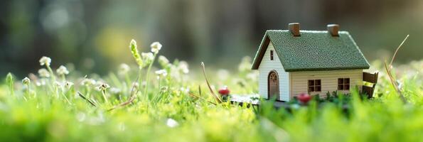 verde y ambientalmente simpático alojamiento concepto, miniatura de madera casa en primavera césped, eco concepto, generativo ai tecnología foto