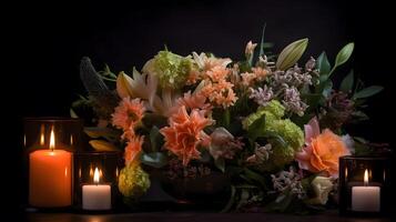 Burning candle and flower on dark background, created using Technology photo