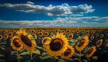 field of blooming sunflowers and cloudy created using Technology photo