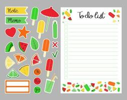 verano que hacer lista modelo. conjunto de a hacer lista y pegatinas modelo para agenda, planificadores, listas de control, cuadernos, diario y otro papelería. vector