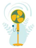 Flat illustration of floor fan. Air conditioner. Electric fan vector isolated icon. Air fan and flora background.