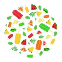 Summer background with fruits and ice cream. Juicy fruits and ice cream in circular composition. Isolated on white background. vector