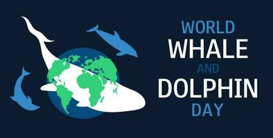 World whale and dolphin day. July 23. Save the ocean. Vector banner of whale and dolphins silhouette with world map.