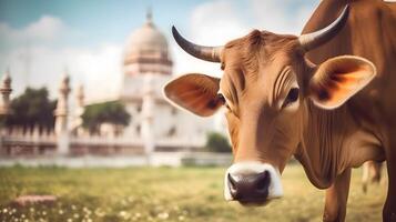 A cow with mosque background created using Technology photo