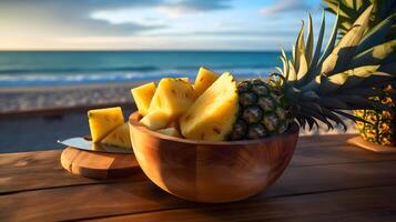 Pineapple on wooden bowl, Technology photo