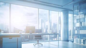 Blurred background of a modern office interior with panoramic windows, Technology photo