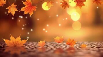 Blurred autumn background nature with maple leaf fall from trees, Technology photo