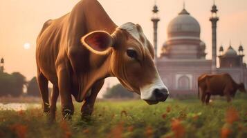 A cow with mosque background created using Technology photo