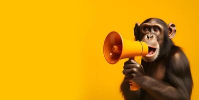 A monkey holding a megaphone with it hand on yellow background, Attention, advertising and management, concept, Technology photo