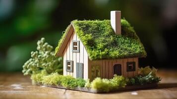 verde y ambientalmente simpático alojamiento concepto, miniatura de madera casa en primavera césped, eco concepto, generativo ai tecnología foto