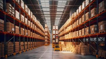 Huge distribution warehouse with high shelves, business office buildings concept, Technology photo