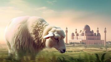 A sheep or goat with mosque background created using Technology photo