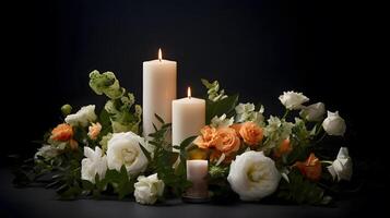 Burning candle and flower on dark background, created using Technology photo