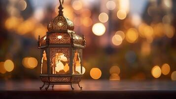 Ornamental Arabic lantern at night. Festive greeting card, invitation for Muslim holy month Ramadan Kareem, eid al adha, created using Technology photo