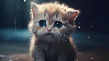 Sad cat crying expression at night raining day created using Technology photo