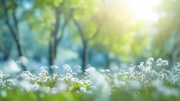 Blurred spring background nature with blooming glade, Technology photo