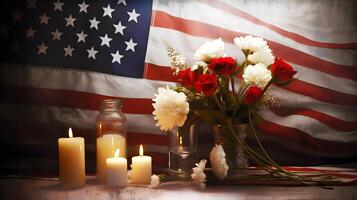 Burning candle, USA flag and flower for National Day of Prayer and Remembrance, created using Technology photo