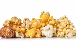 Popcorn collection isolated on white. Clipping path, generative AI photo