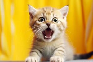 atractivo hembra gato es gritando con alegría y felicidad. generativo ai foto
